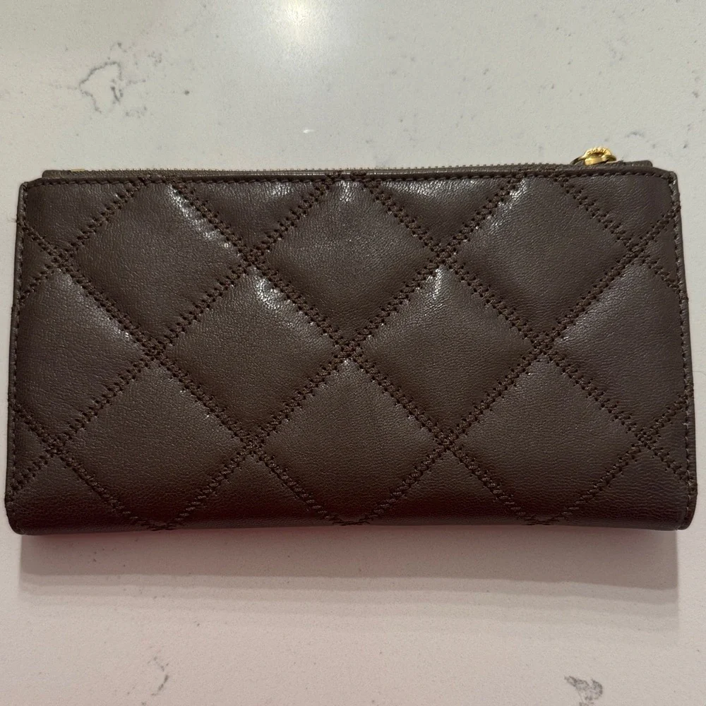 Tory Burch Quilted Zip Clutch in Olive Brown with Gold Logo